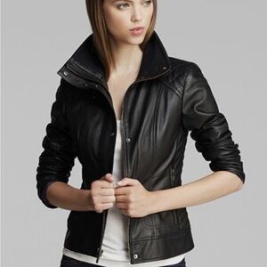 Cole Haan Black Leather Motorcycle Jacket with High Collar